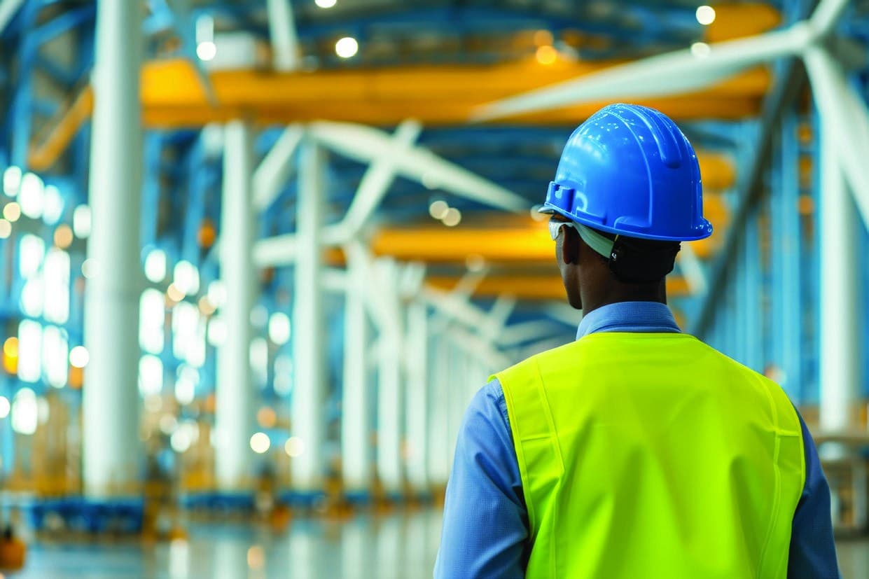 Worker in a hard hat inside an industrial processing plant